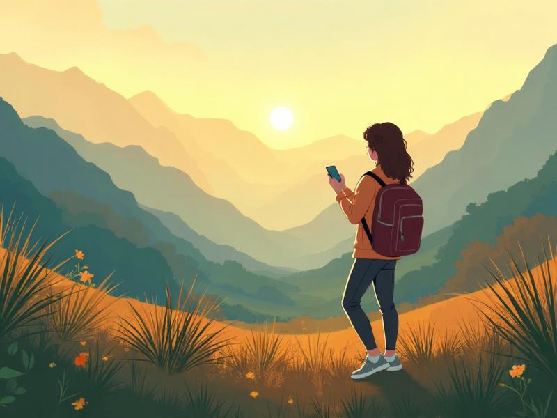 Traveler with phone in beautiful landscape